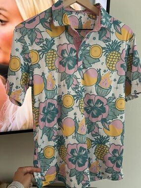 Swannies Mens Tropical Floral & Fruit Polo Shirt in Pink, Yellow & Teal